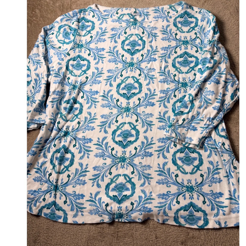 Croft & Barrow  0X Blue White Damask Floral 3/4 Sleeve Boat Neck Top Classy